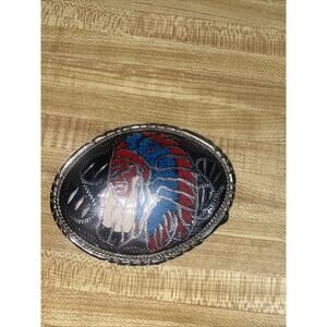 1988 Native American War Bonnet Belt Buckle Inlaid Turquoise Coral Sunset Trails